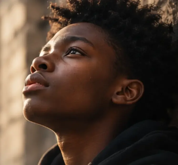 Young Black student looking upward