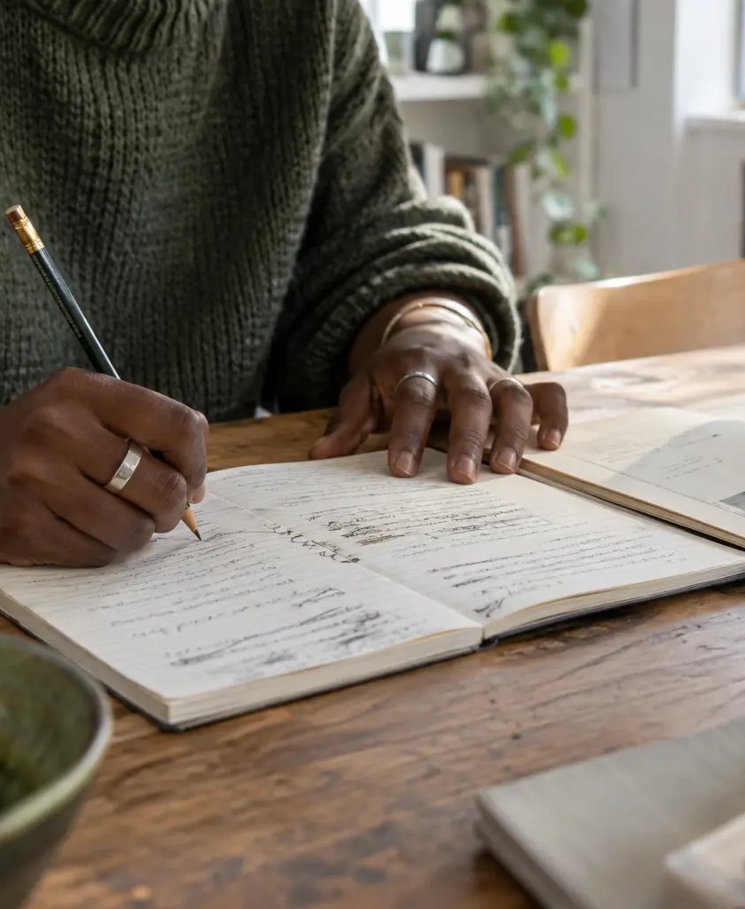 Hands writing in a journal beside an open book